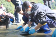 新宮小中学校生徒が銅山川で砂金採りを体験